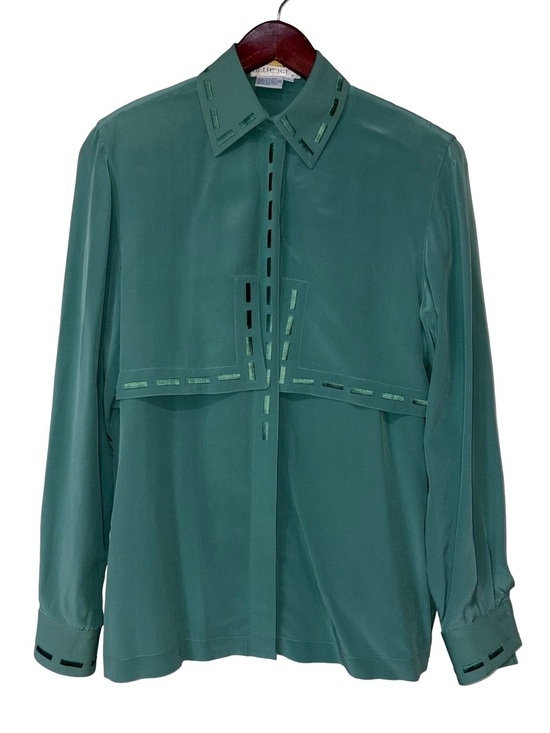Blue Ice Tops - Vintage Blue Ice 100% Silk Green Blouse Shoulder Pads Size 4